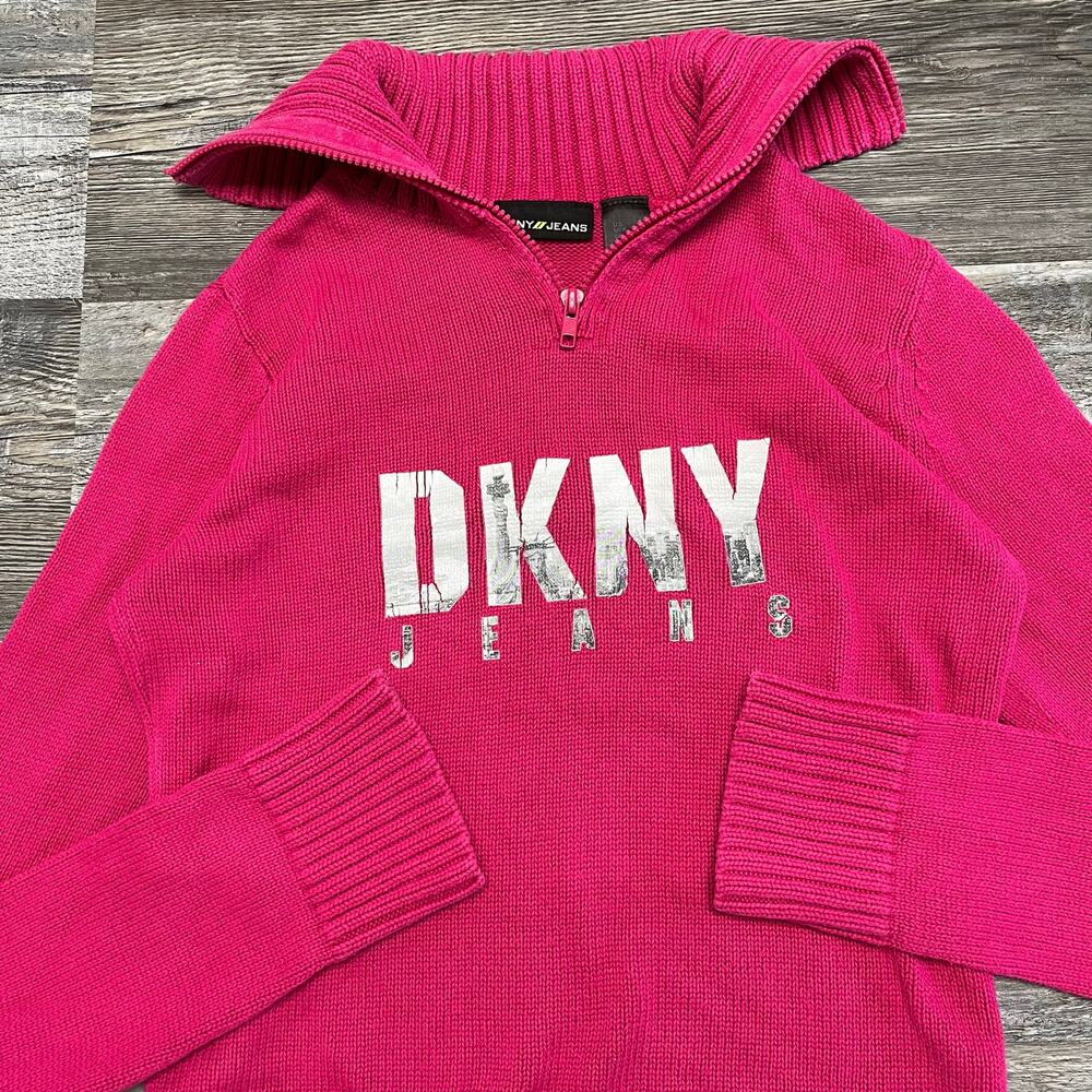 y2k 2000s‎ pink dkny jeans nyc skyline spellout zip turtle neck sweater womens S